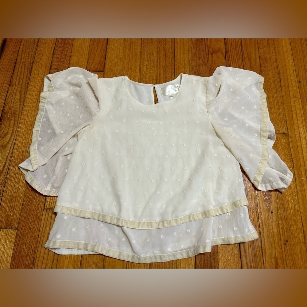 JOA Womens Off White Chiffon And Velvet Tiered Swiss Dot Flower Blouse Small